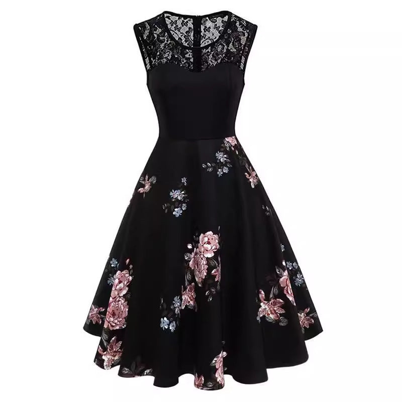 Women's Sleeveless Floral Retro Dress Lace Stitching Mid Length Cotton - LAKD London