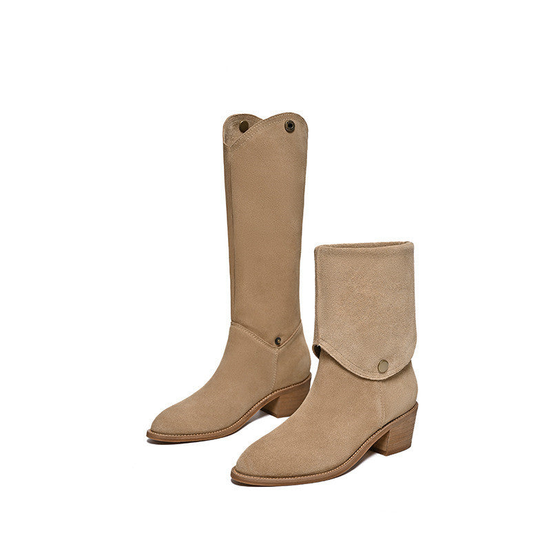 Women's Matte Cowhide Western Pointed Toe Short Tube Ankle Boots