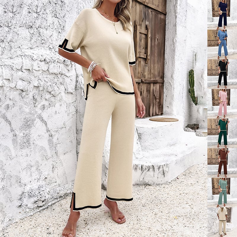 Women's Black Striped Knitted Two-Piece Summer Lounge Set Casual