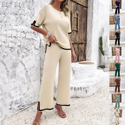 Women's Black Striped Knitted Two-Piece Summer Lounge Set Casual
