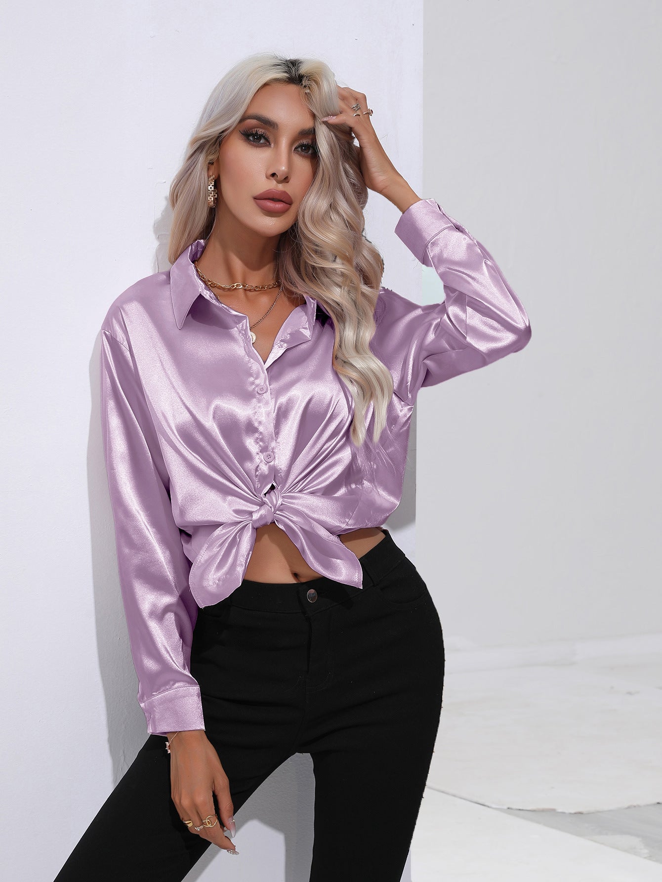 Women's Premium Satin Solid Color Button Front Lapel Blouse Shirt - LAKD London