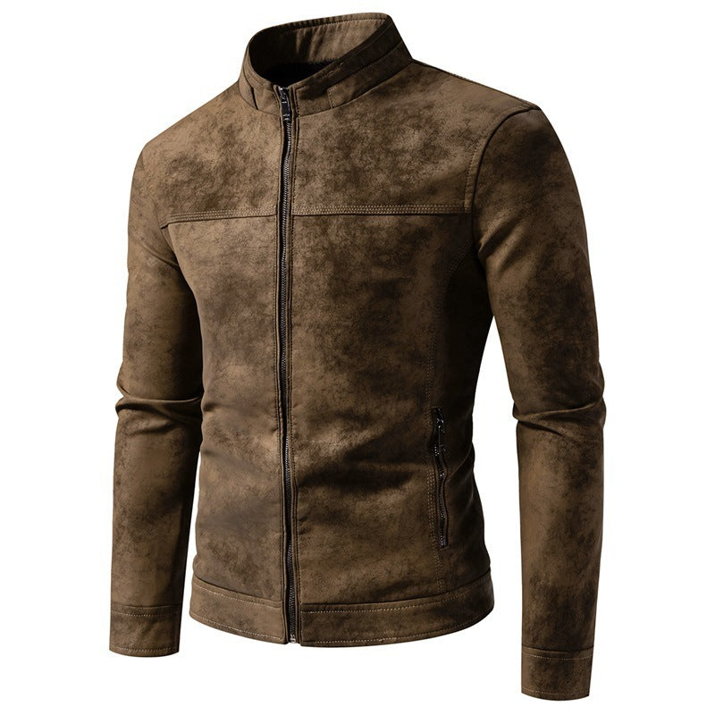Men's Retro Tie Dyed Leather Jacket with Warm Lining for Winter