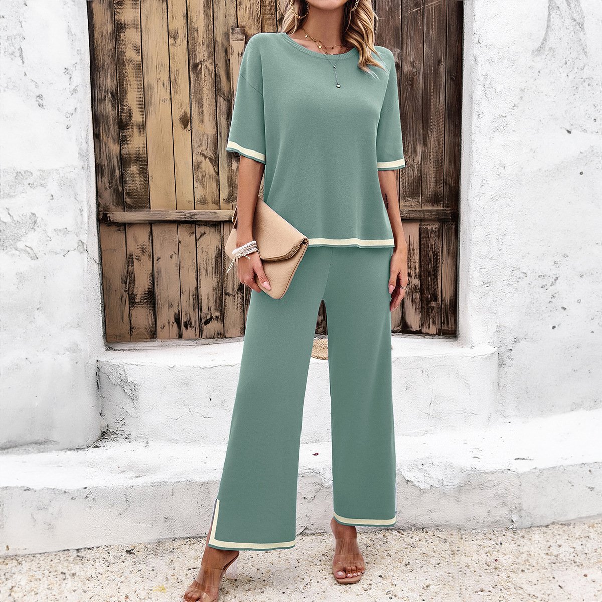 Women's Black Striped Knitted Two-Piece Summer Lounge Set Casual