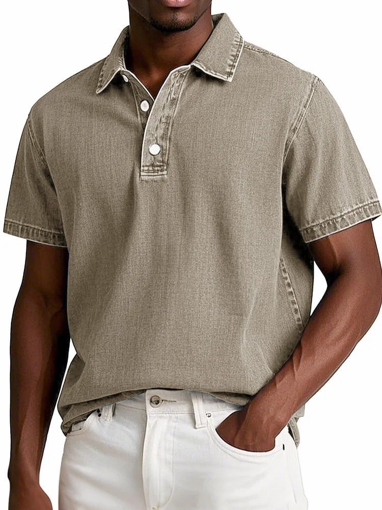 Men's Solid Colour Vintage Short Sleeve Lapel Polo Shirt Casual