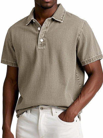 Men's Solid Colour Vintage Short Sleeve Lapel Polo Shirt Casual