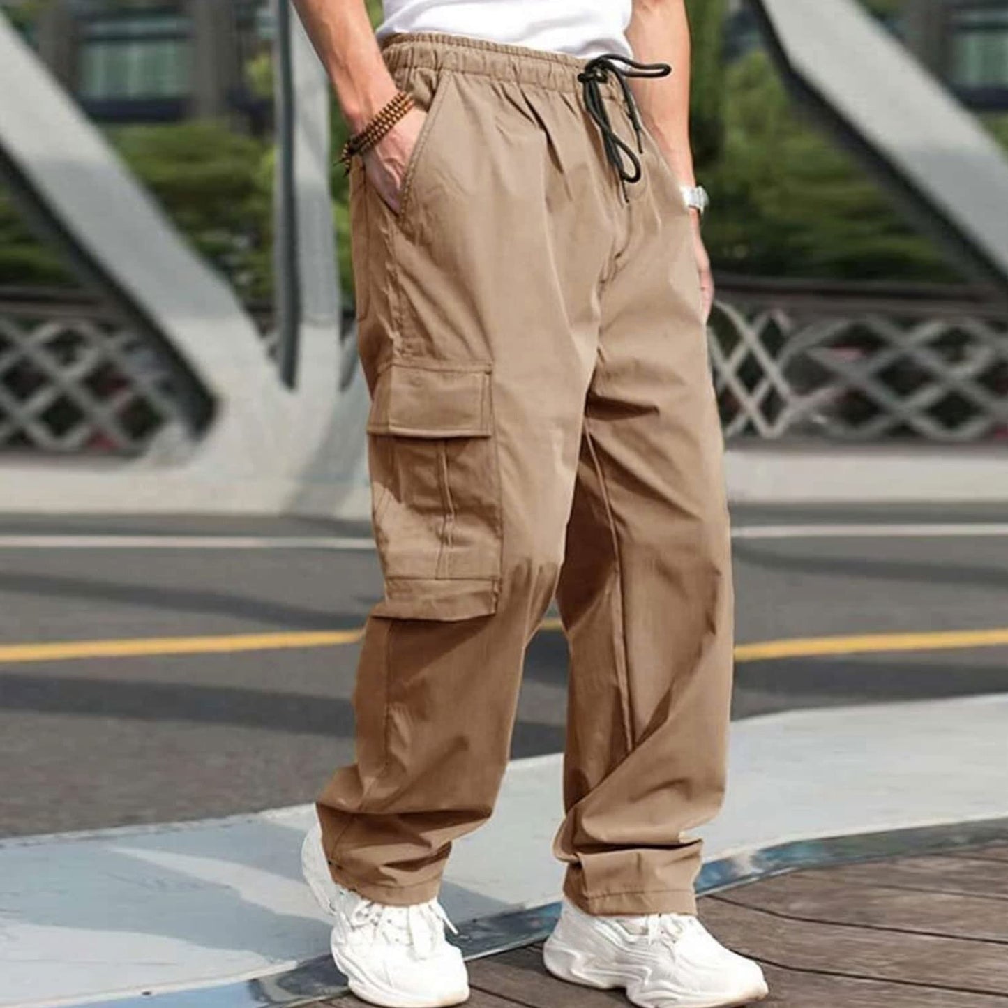 Men's Casual Straight Cargo Trousers Drawstring Waist Pockets Style Everyday