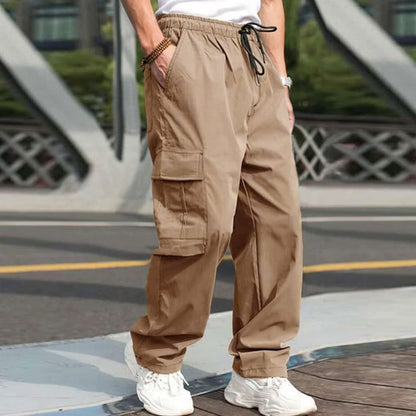 Men's Casual Straight Cargo Trousers Drawstring Waist Pockets Style Everyday