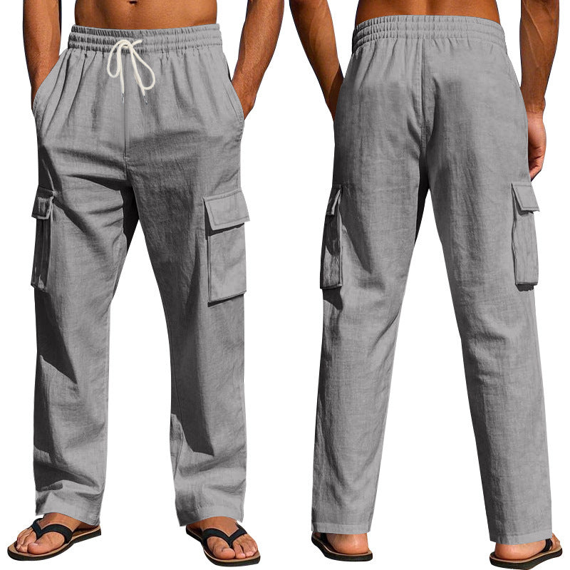 Men's Multi-Pocket Linen Cargo Trousers Straight Leg Casual Wear - LAKD London