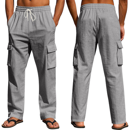 Men's Multi-Pocket Linen Cargo Trousers Straight Leg Casual Wear - LAKD London