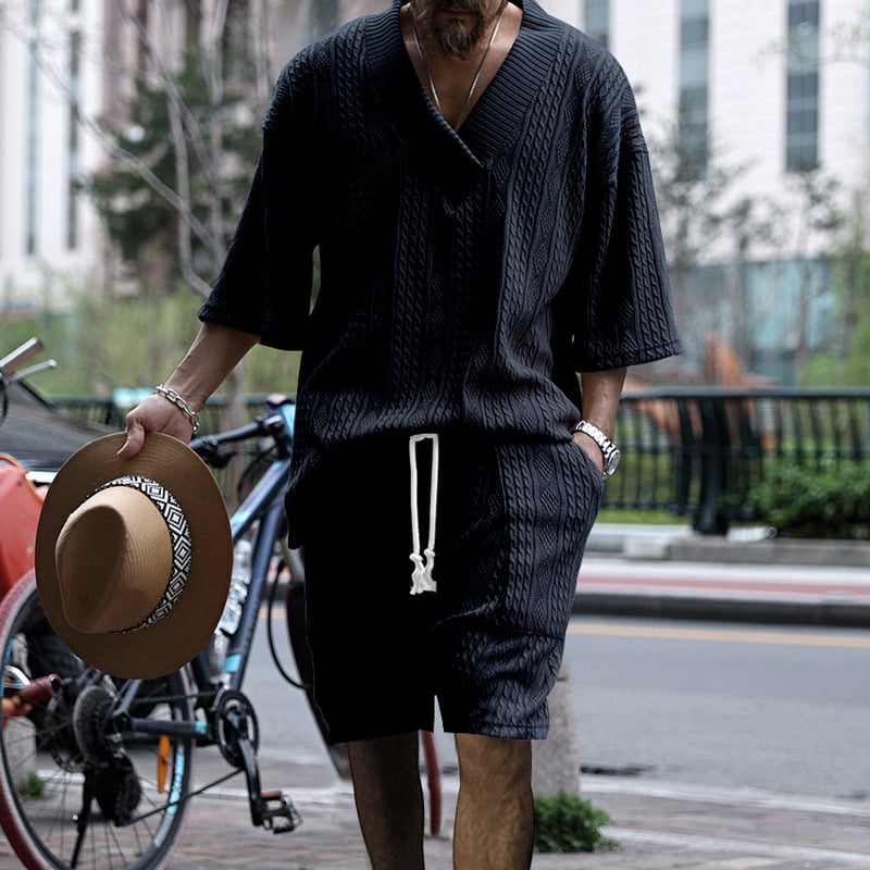 Men's Casual Jacquard Summer Two-Piece V-Neck Shorts Set