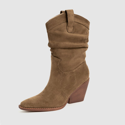 Women's Chunky Heel Mid Calf Boots Brown Pointed Toe Fashion