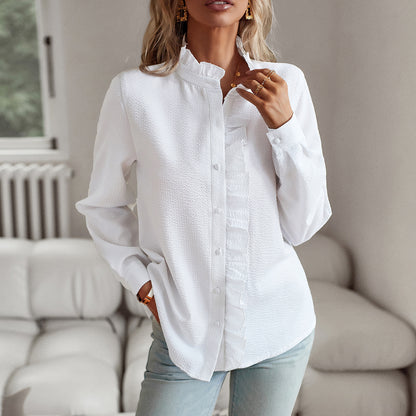 Women's Striped Ruffle Textured Long Sleeve Commuter Shirt - LAKD London