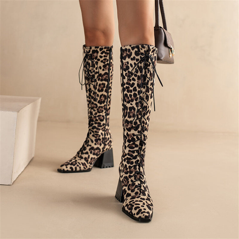 Womens Vintage Print Boots With Pointed Toes And Thick Heels - LAKD London
