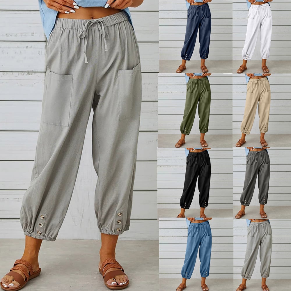 Women's Drawstring Tie Cotton Linen Trousers With Pockets Casual Style