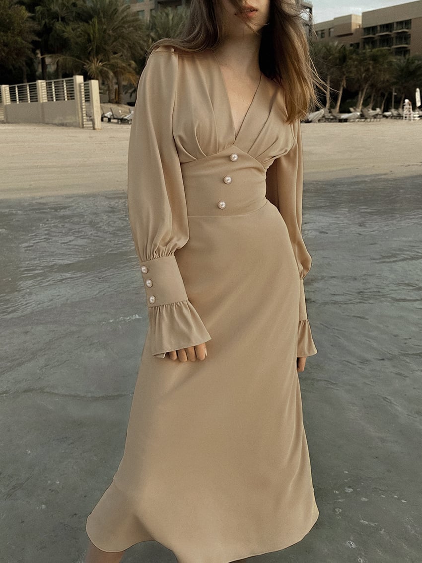 Women's V-Neck Slim Fit Elegant French Chiffon Midi Dress
