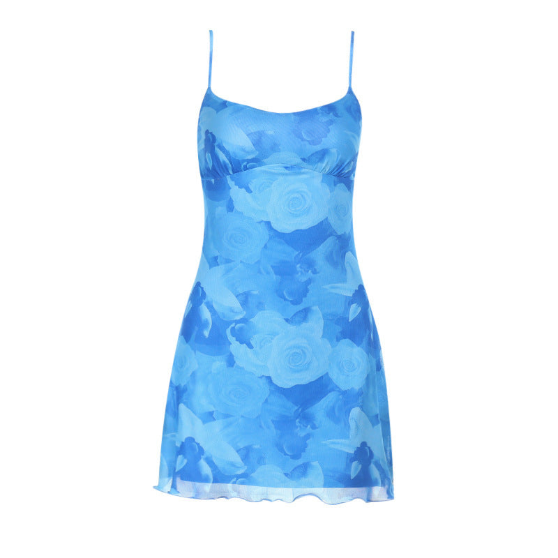 Women's Waist Tight Mesh Printed Slip Dress Flattering Evening Style - LAKD London
