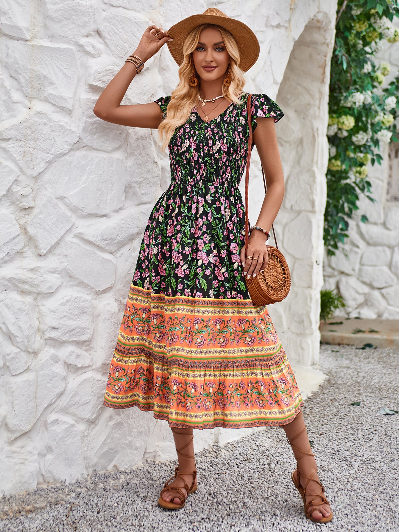 Women's Floral V-Neck Ruffle Sleeveless Bohemian Summer Beach Dress