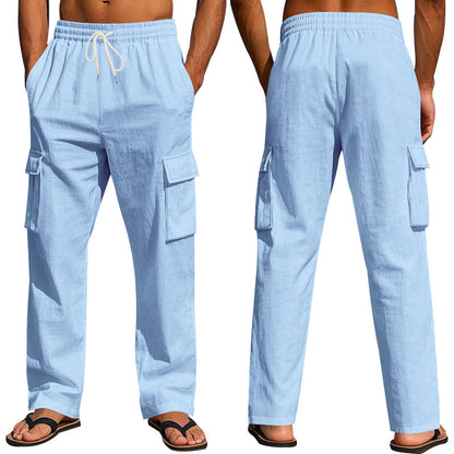 Men's Multi-Pocket Linen Cargo Trousers Straight Leg Casual Wear - LAKD London
