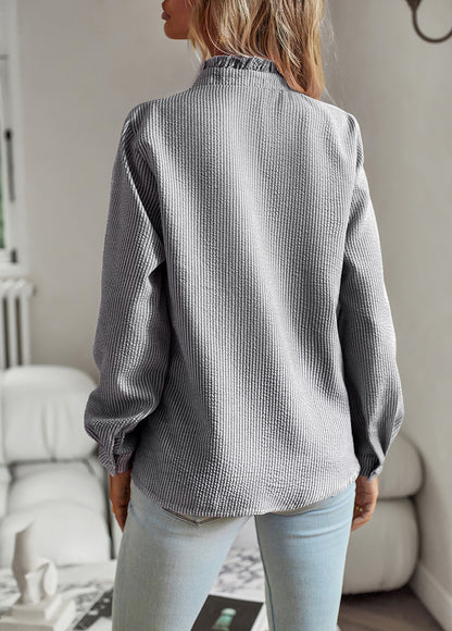 Women's Striped Ruffle Textured Long Sleeve Commuter Shirt - LAKD London
