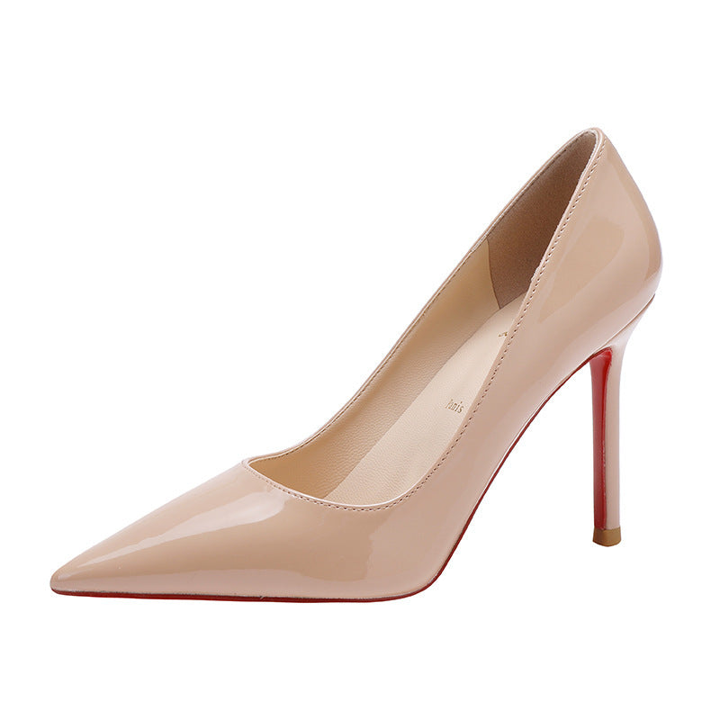 Women's Side Empty Nude Patent Pointed Stiletto Court High Heels