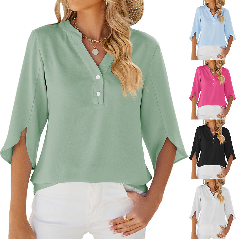 Women's Button V-Neck Mid Sleeve Chiffon Blouse Solid Top - LAKD London