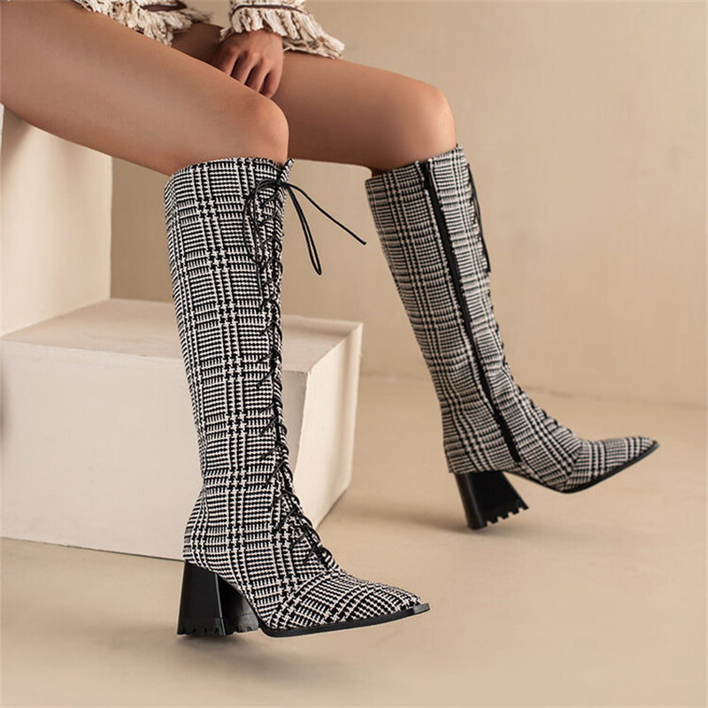 Womens Vintage Print Boots With Pointed Toes And Thick Heels - LAKD London