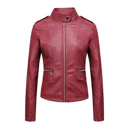 Women's Slim Fit PU Leather Motorcycle Jacket with Zipper Design