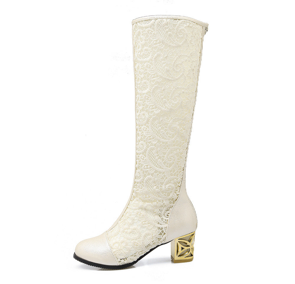 Women's Round Toe Stitching Lace Back Zip Chunky Heel Boots - LAKD London