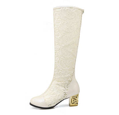 Women's Round Toe Stitching Lace Back Zip Chunky Heel Boots - LAKD London