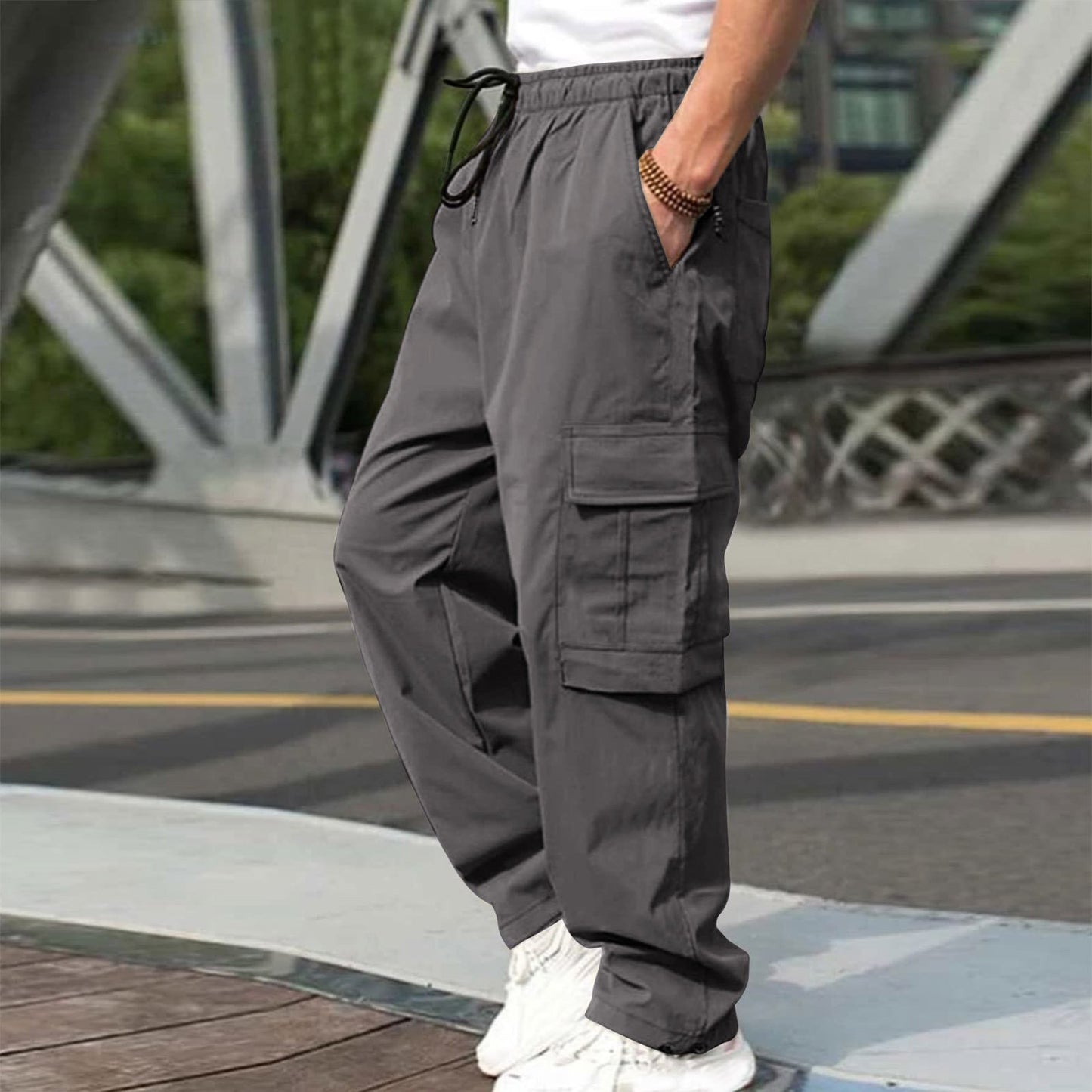 Men's Casual Straight Cargo Trousers Drawstring Waist Pockets Style Everyday